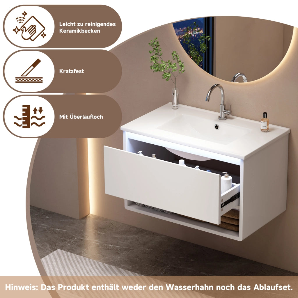 Mobile sottolavabo con LED, 1 cassetto e vano aperto, lavandino in ceramica, per bagno, bianco, 76.5 × 46 × 45 cm
