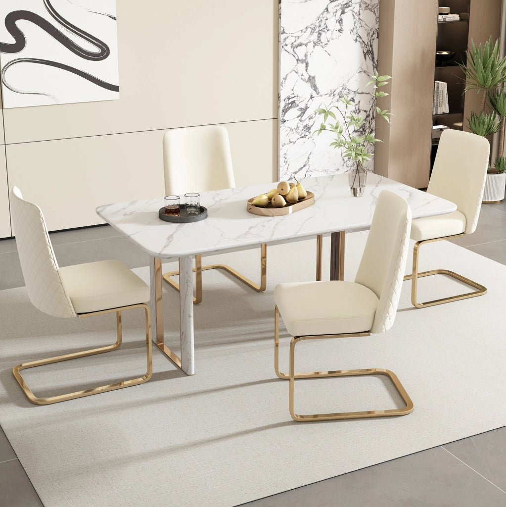 Set di 2 sedie in velluto con schienale a rombi e gambe in metallo; beige