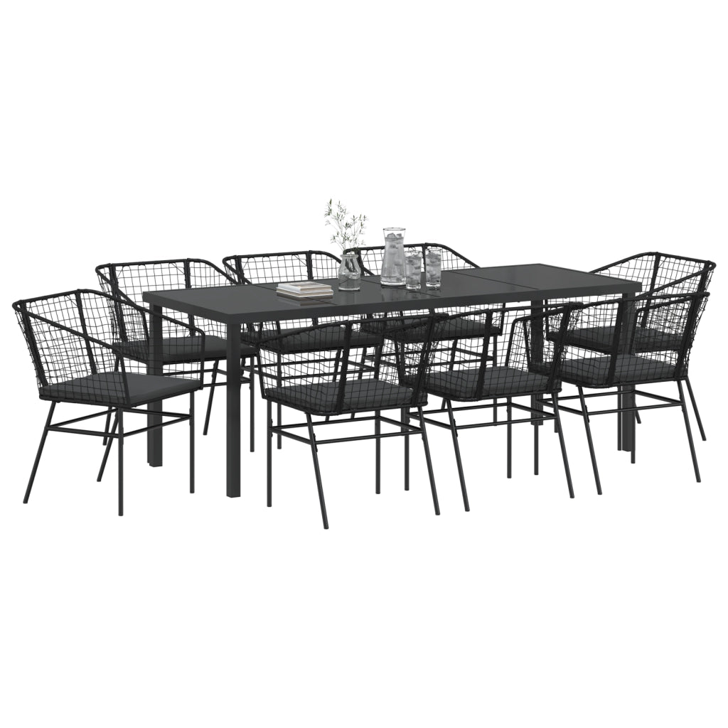 Set da Pranzo da Giardino 9 Pezzi con Cuscini in Polyrattan Nero
