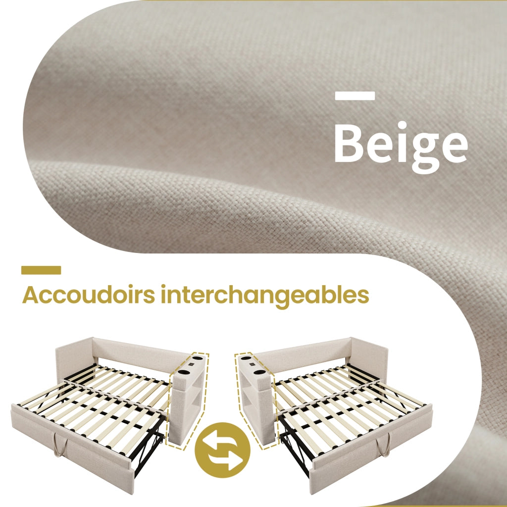 Letto Estraibile 90x190 cm - USB; Type-C e Portabicchieri - in Tessuto - Beige