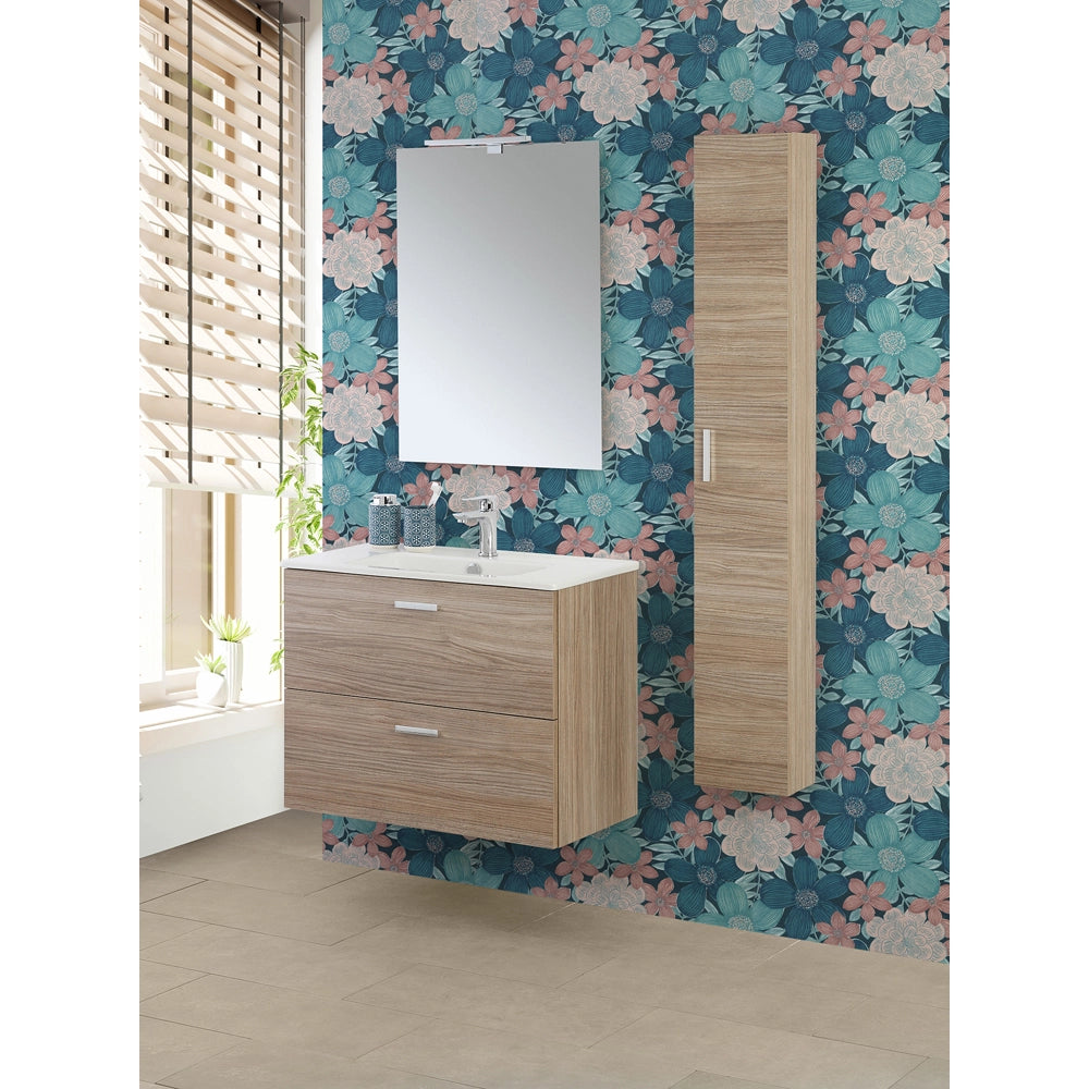 COMPOSIZIONE BAGNO SOSPESA MOBILE LAVABO 80cm 2 CASSETTI+SPECCHIO+COLONNA PENSILE ROVERE TROPEA FERIDRAS