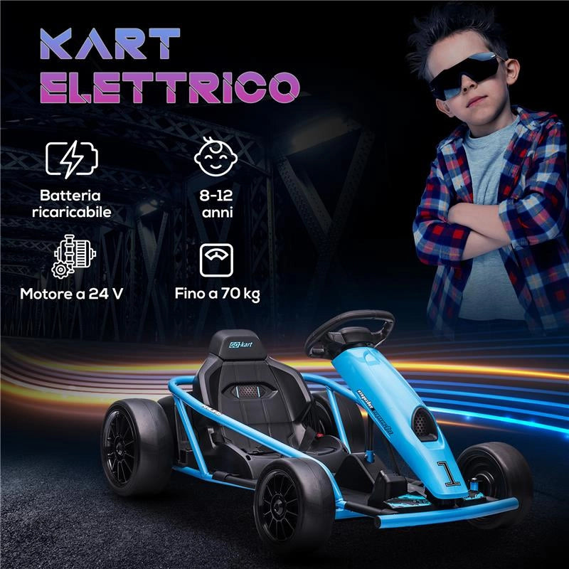 GO-KART ELETTRICO PER BAMBINI 8-12 ANNI CON SCHIENALE ALTO E CINTURA DI SICUREZZA, 115X77X54 CM, BLU E NERO