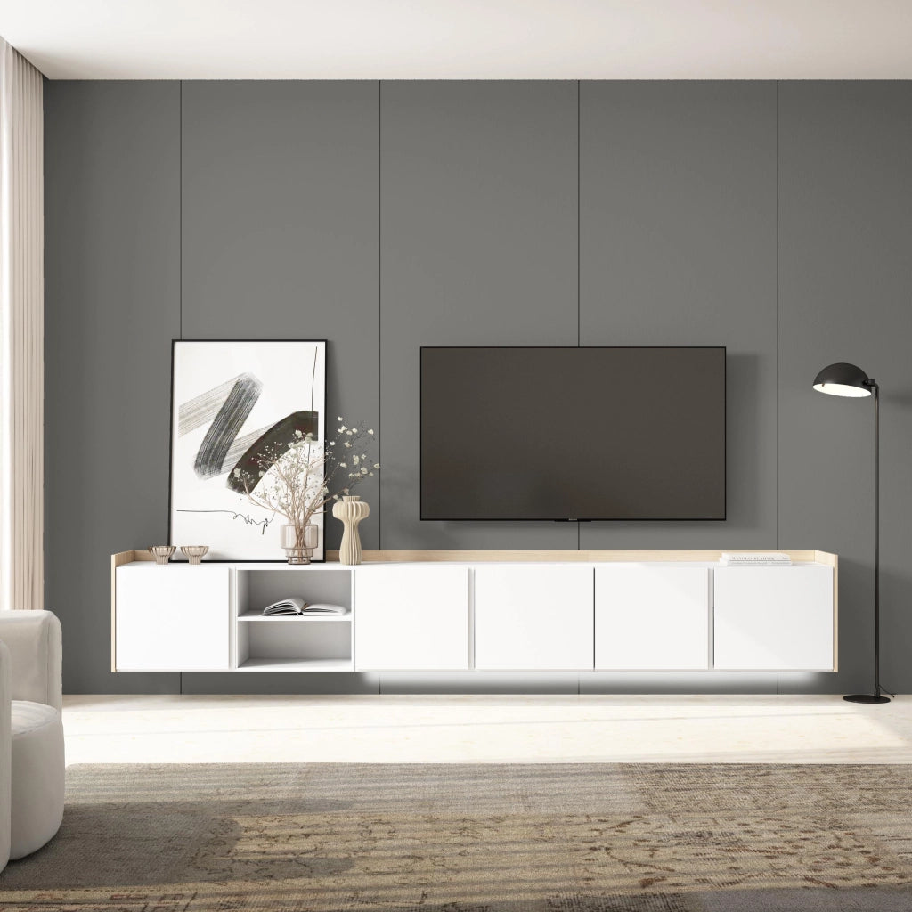 Mobile TV Soggiorno, 309x50x35 cm, Per TV fino a 80", Sospeso, da appendere, LED, Bianco e Rovere soft