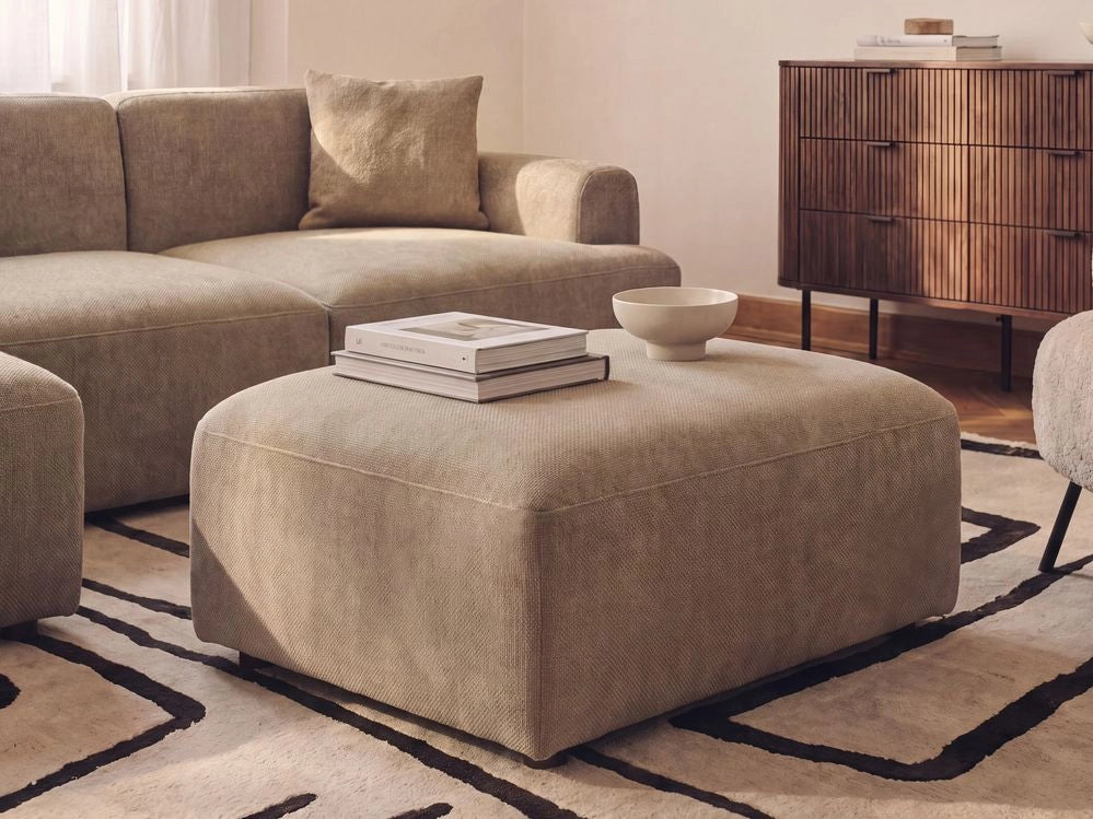 Pouf in tessuto marrone, elemento modulare per divano, poggiapiedi rettangolare, soggiorno stile moderno