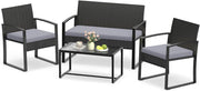 Set Salotto da Giardino a 4 Pezzi, Divanetto in Rattan con 2 Poltrone Ergonomiche e Tavolino con Piano in Vetro Temperato, Set Mobili da Esterno con Cuscini per Balcone e Patio (Grigio)