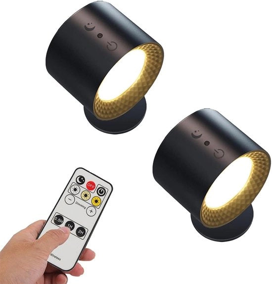 Set di 2 Lampadine da parete a controllo remoto, magnetiche, LED, con 3 livelli di luminosità, 3 temperature di colore, con porta di ricarica USB