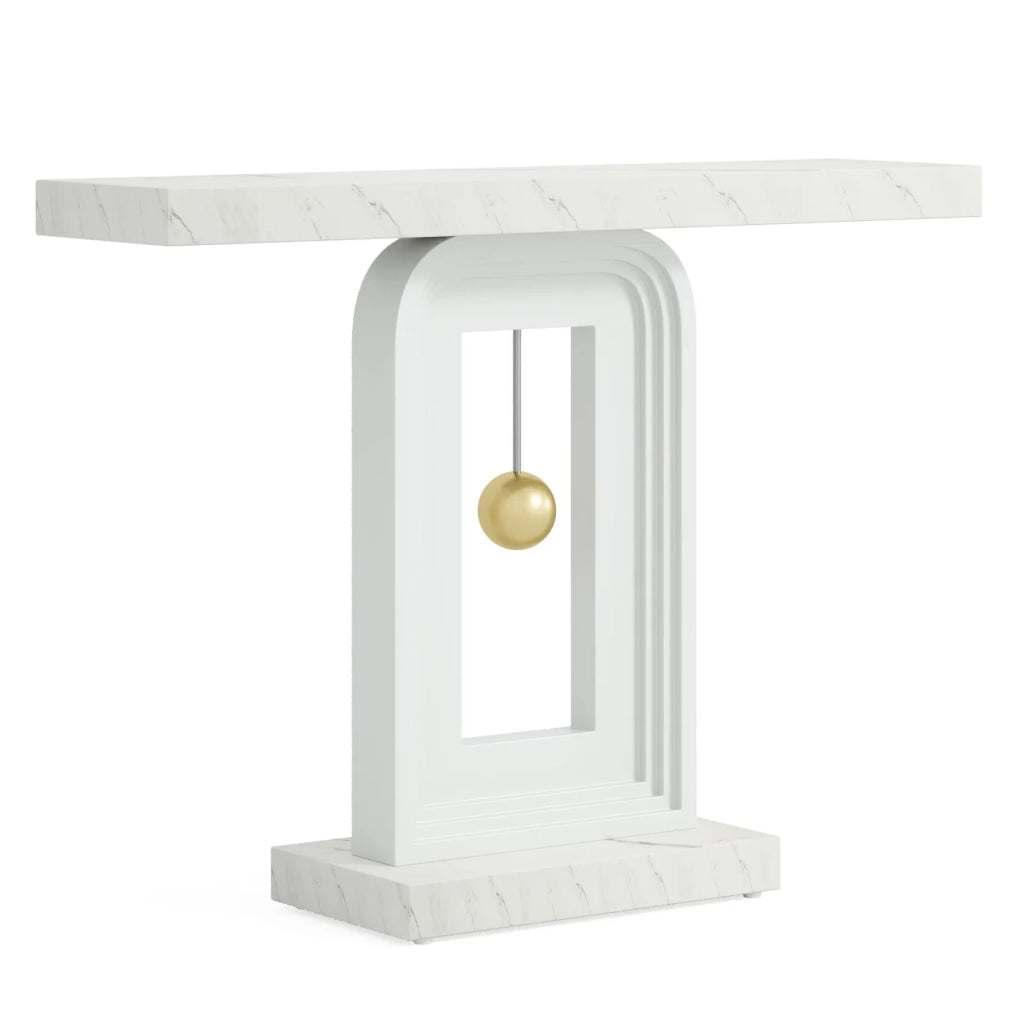 Tavolo consolle stretto 100 cm con base geometrica quadrata; marmo e MDF; bianco