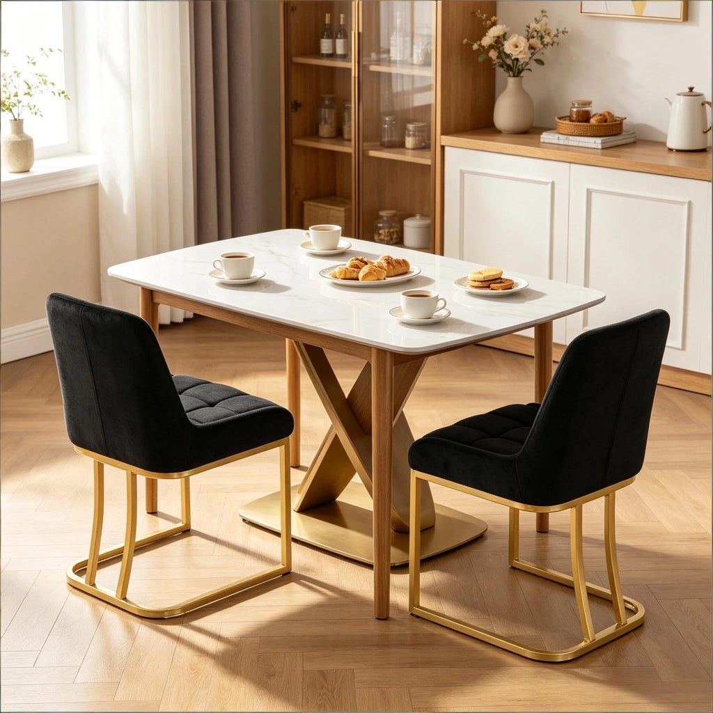 Set di 2 sedie da pranzo imbottite con schienale ergonomico e piedini regolabili in velluto e metallo nero per interni