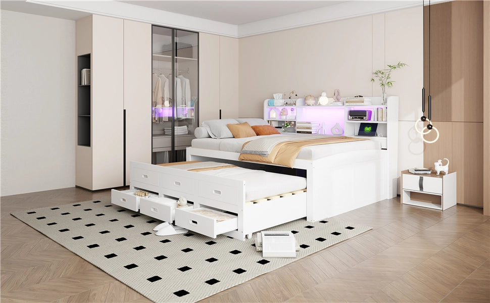 DESMIU Letto divano 140 × 200 cm 2 posti con 3 cassetti, LED, USB, Type-C e contenitore, senza materasso, bianco