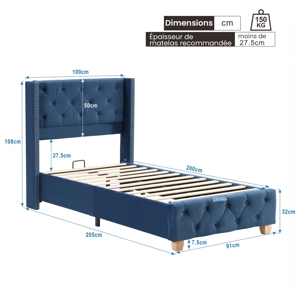 Letto Singolo 90 x 200 cm; 1 Posto con Testiera Imbottita e Piedi in Legno; senza Materasso; Velluto Blu