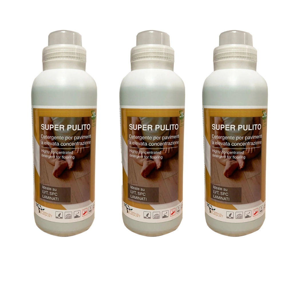 il #n1 - SUPER PULITO SPC, LVT, Laminati, parquet e resine SPORCO INTENSO- detergente NATURALE a PH NEUTRO ultraconcentrato profumato - Di Eternal Parquet - 3 flaconi da 1 litro