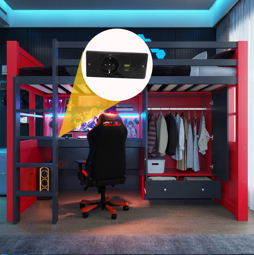 Letto a soppalco ULEVR 90x200 cm nero e rosso con scrivania, armadio, cassetti, LED e prese