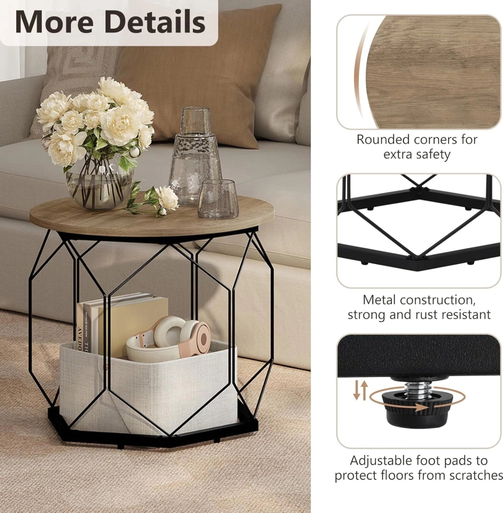 Set di 2 Tavolini da Salotto Rotondi, Tavolini Contenitori in Legno e Metallo, Tavoli Caffè con Piano Rimovibile, per Soggiorno, Camera da Letto, Legno Nero, BTS05szdc