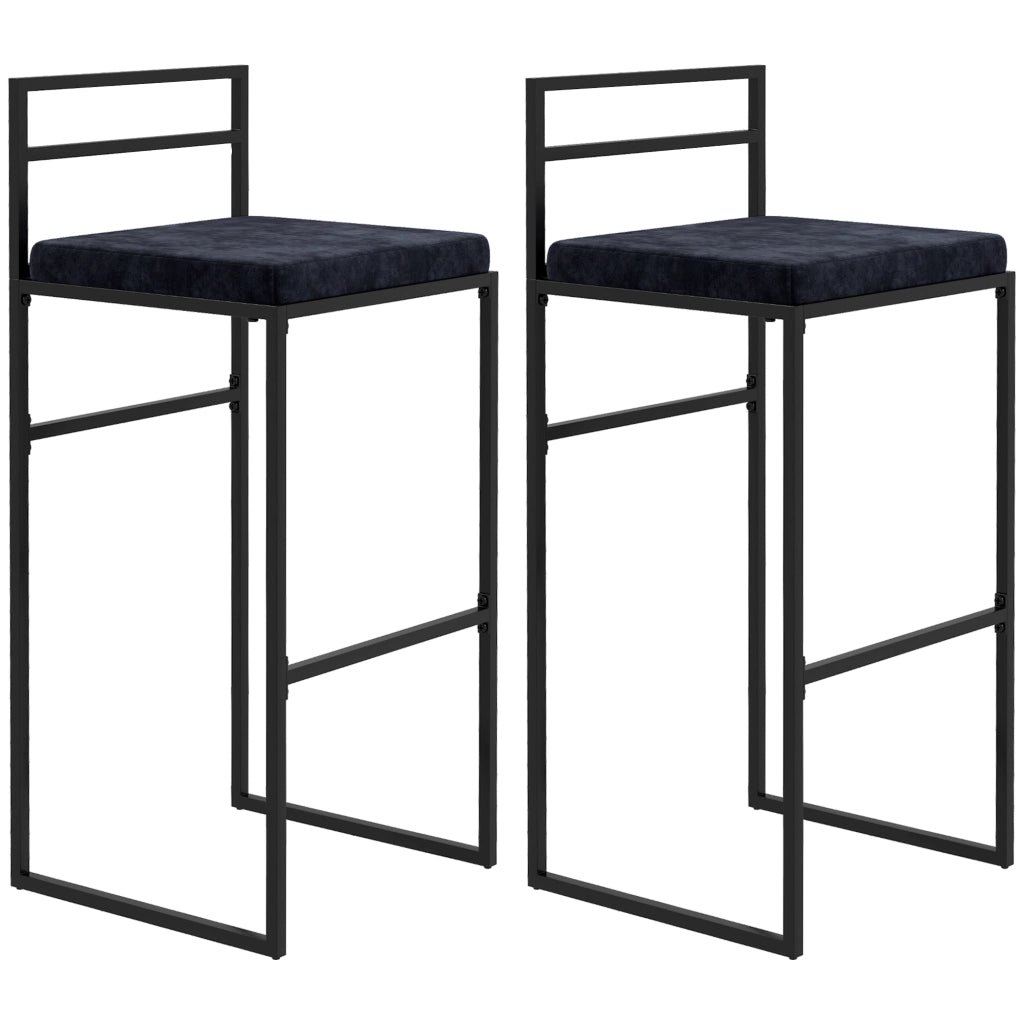 Set 2 Sgabelli Alti da Bar ¨C Xylo ¨C Velluto Nero con Cuscino e Poggiapiedi H74cm