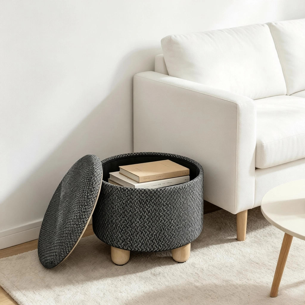 Poggiapiedi contenitore rotondo con seduta imbottita e vassoio in legno in lino spesso grigio scuro 39 × 39 × 33 cm