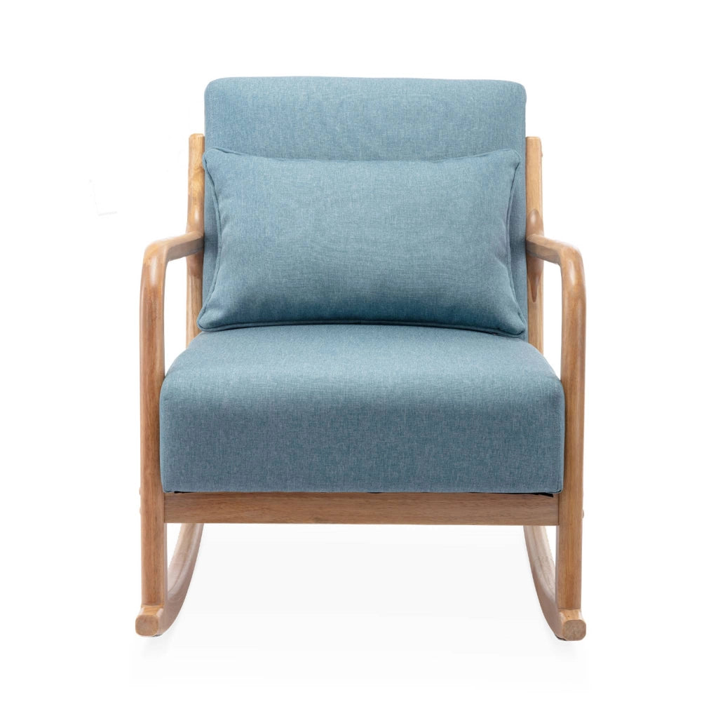 Poltrona scandinava a dondolo in legno e tessuto con braccioli, blu