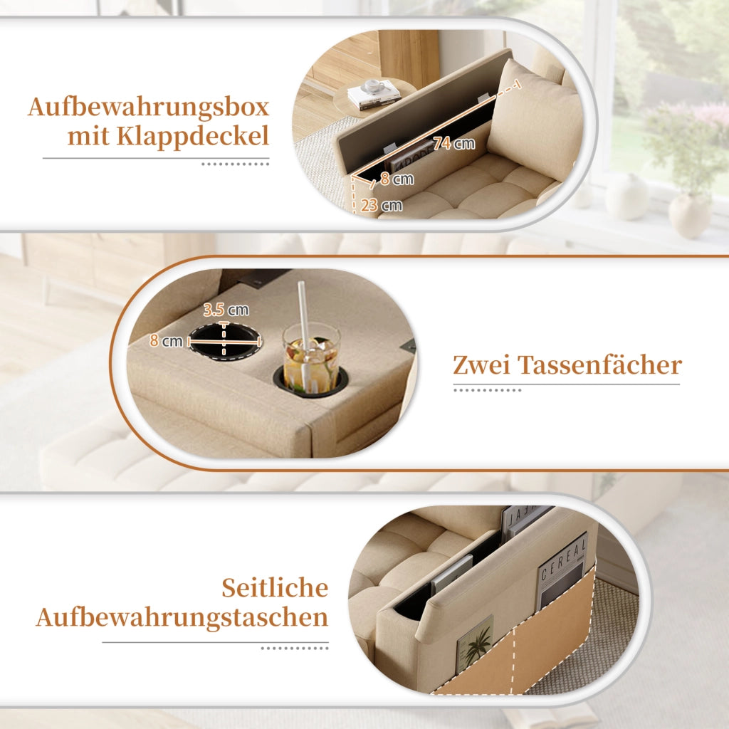 Divano letto 2 posti estraibile con schienale regolabile e vani portaoggetti; beige