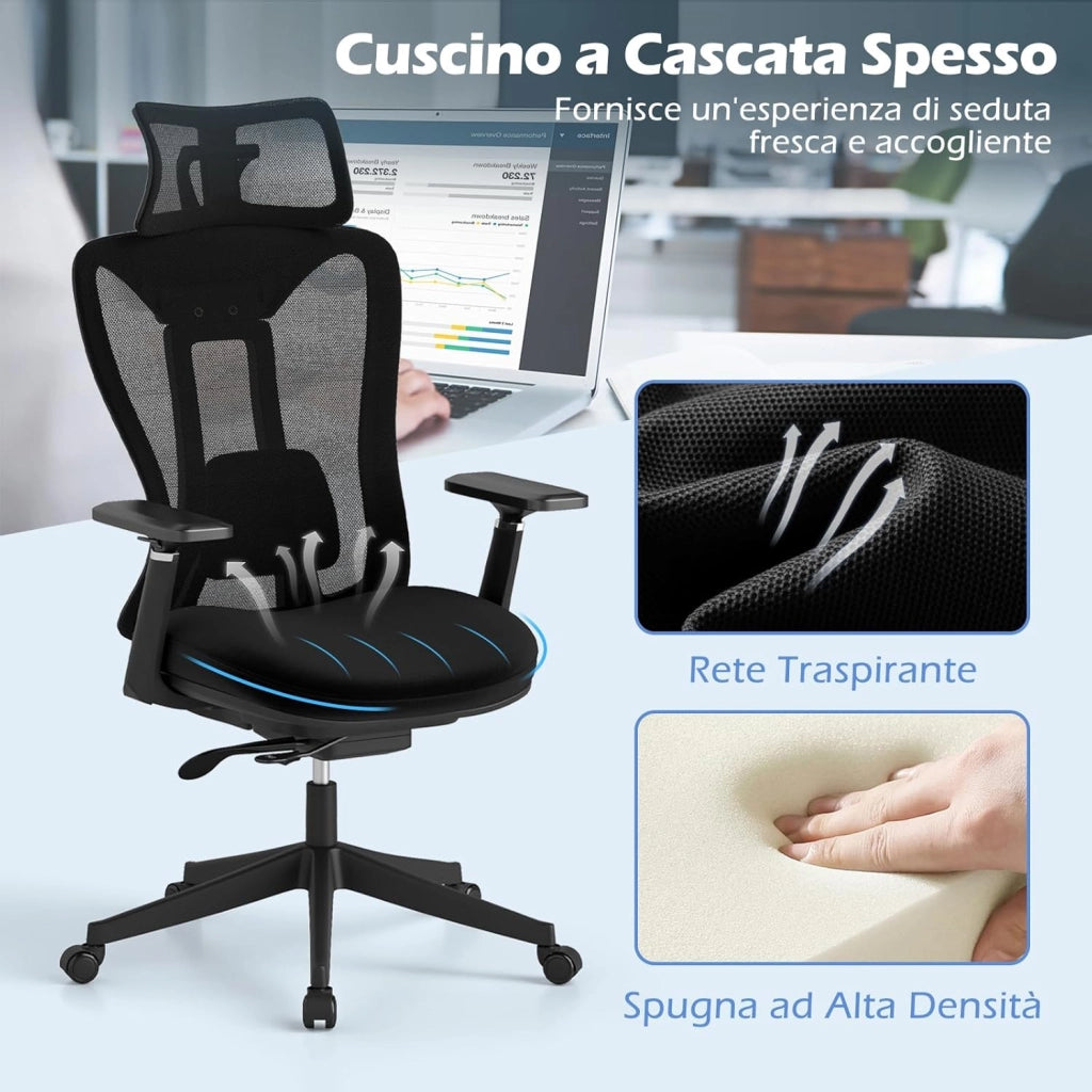 Sedia Ergonomica da Ufficio in Rete con Supporto Lombare Regolabile, Poggiatesta e Braccioli, Schienale Inclinabile, Sedia da Scrivania Girevole Regolabile in Altezza, Portata 150 kg
