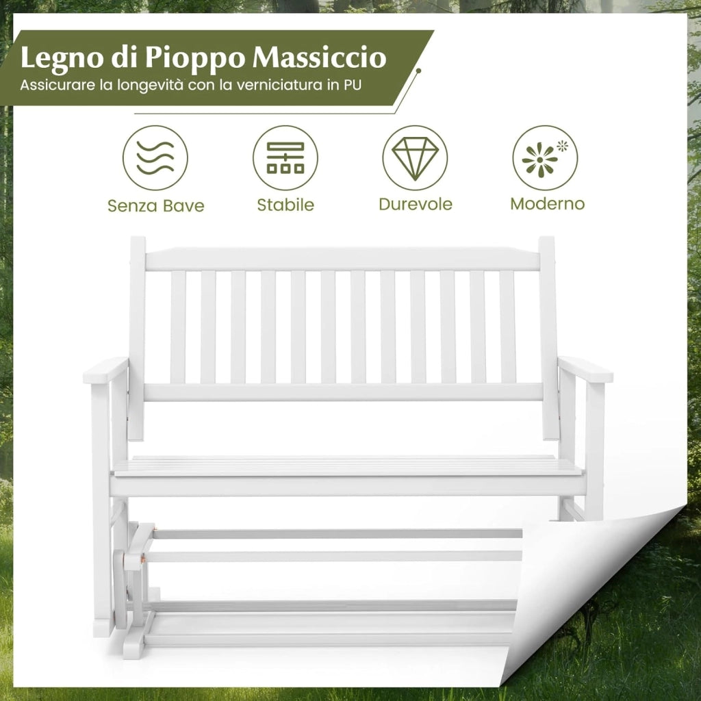 Panca a Dondolo a 2 Posti con Sicuro e Delicato Movimento Oscillante, Telaio in Legno Massello, Sedia a Dondolo per Giardino con Capacità di carico 225 kg, 126 x 68 x 100 cm, Bianco