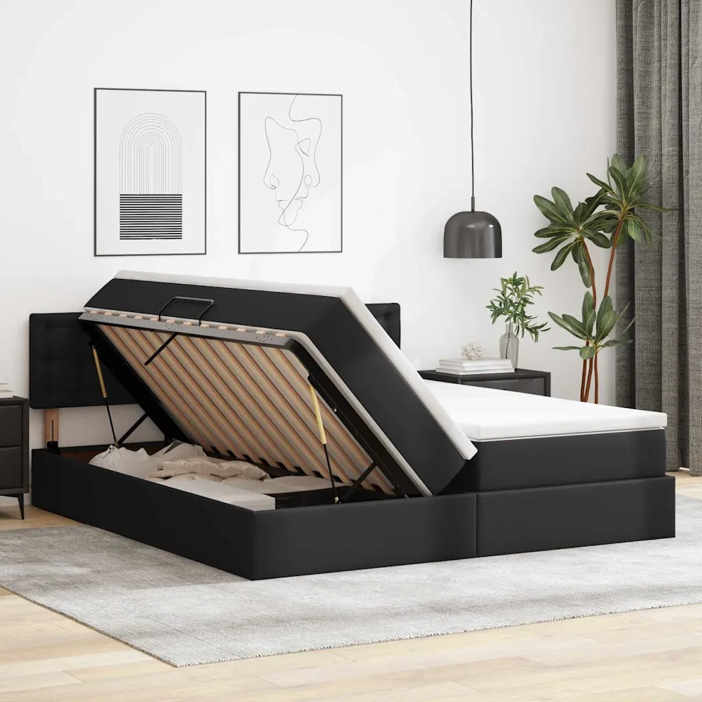Letto con contenitore e LED Nero 180 x 200 cm Pelle Sintetica