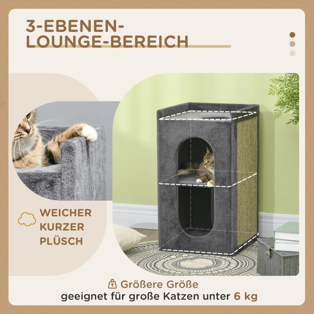 Letto per gatti con 2 tane e tappetino in sisal ¨C Minimal ¨C Grigio + Naturale