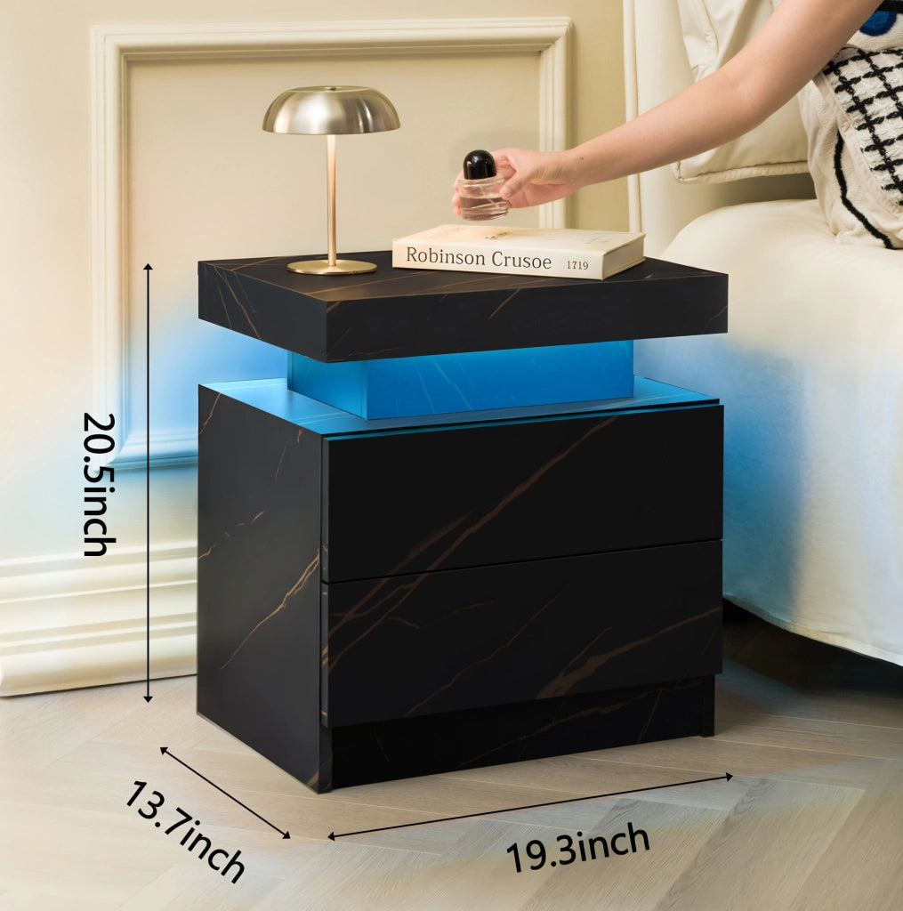 Comodino LED con 2 cassetti e luci multicolore regolabili in legno ingegnerizzato nero oro