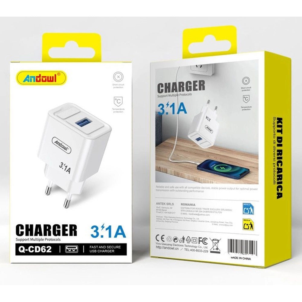Trade Shop - Caricabatterie Caricatore Da Parete Con Porta Usb Q-cd62 Ricarica Rapida Sicura 3.1a -