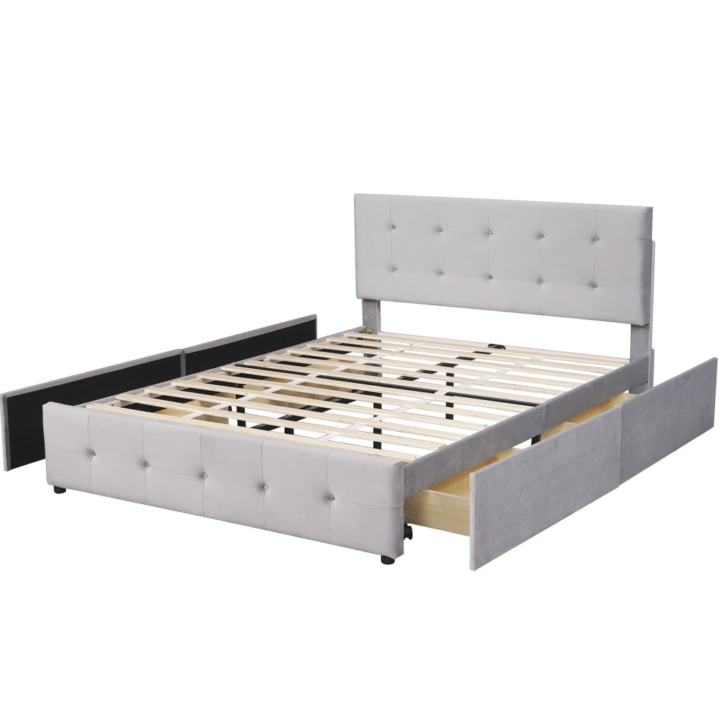 Letto imbottito 140x200 cm con 4 cassetti; testiera e rete a doghe; grigio