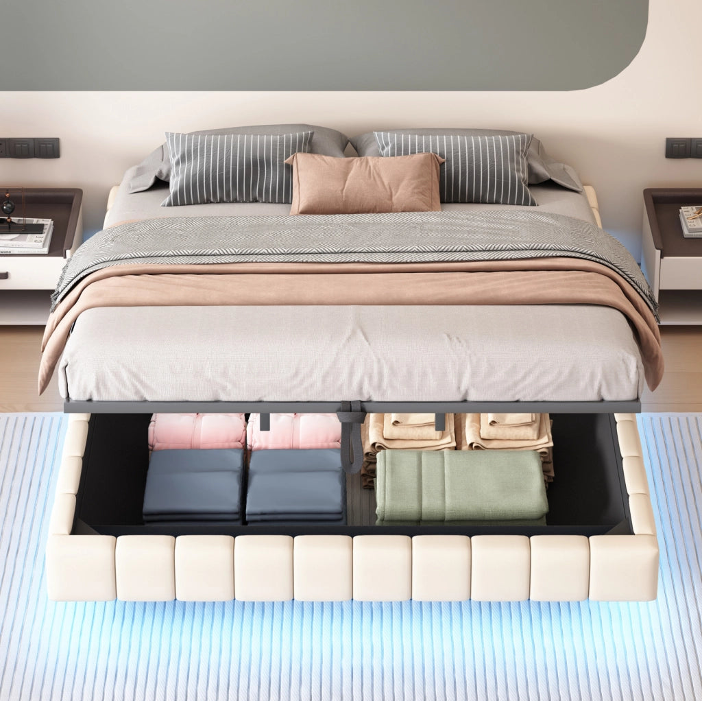 Letto matrimoniale sospeso imbottito 180x200 cm con contenitore; LED; beige in lino