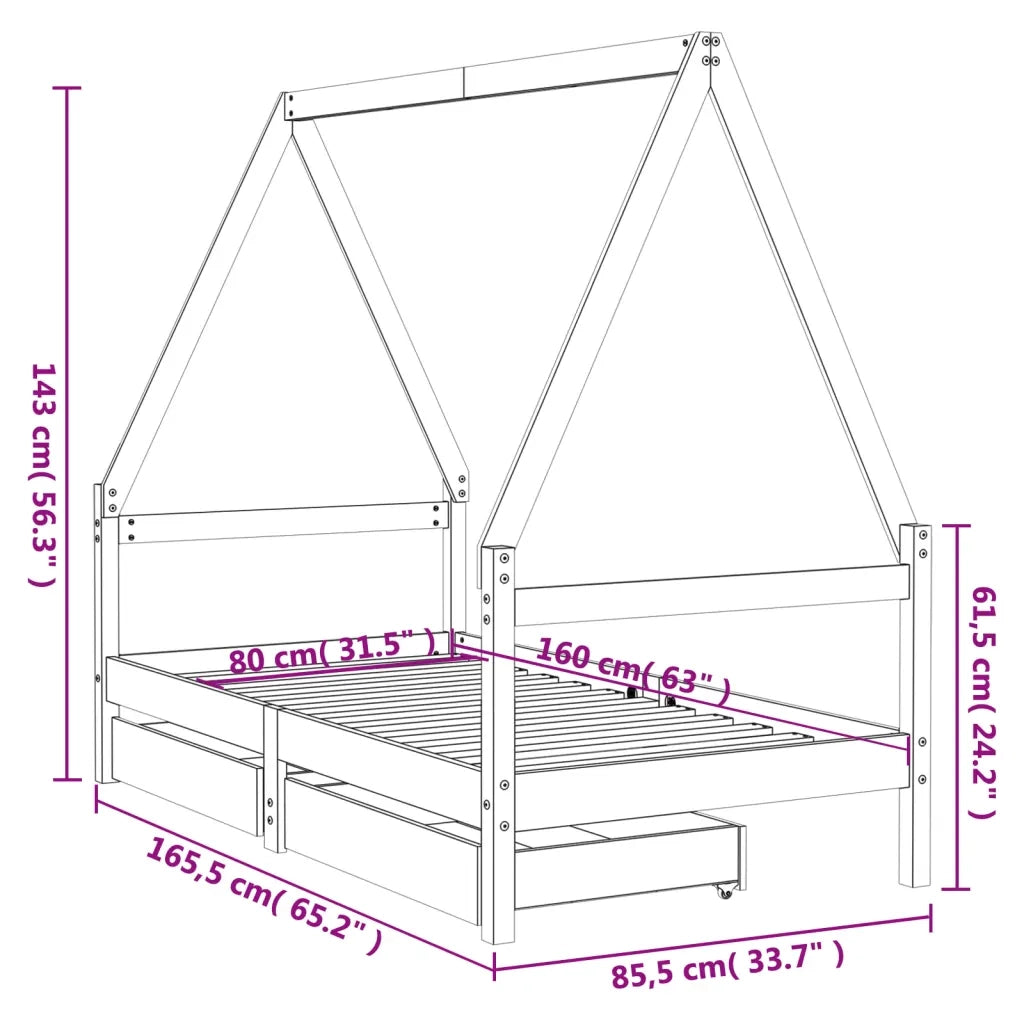 Giroletto per Bambini con Cassetti 80x160cm Legno Massello Pino