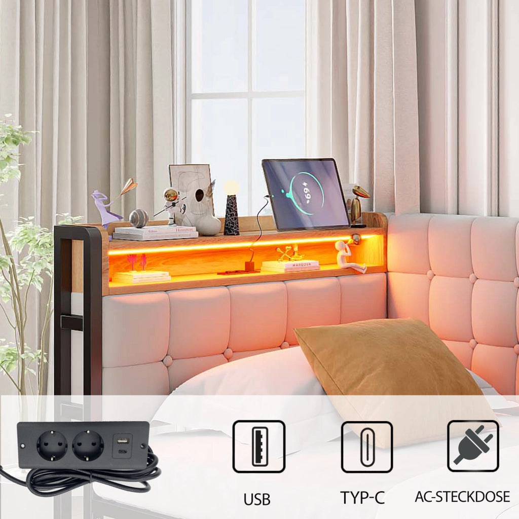 OKWISH Letto Divano 90×200 cm, Letto Singolo con 2 Cassetti, LED Regolabile e USB e Tipo C, senza Materasso, in Tessuto, Beige
