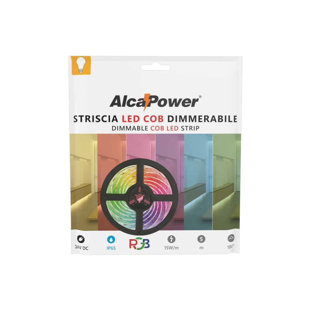 Alcapower Striscia LED COB 5 metri RGB 24V 15W/m IP65 840 LED/m Alta Efficienza Luminosa per Illuminazione Decorativa Professionale Interni Esterni