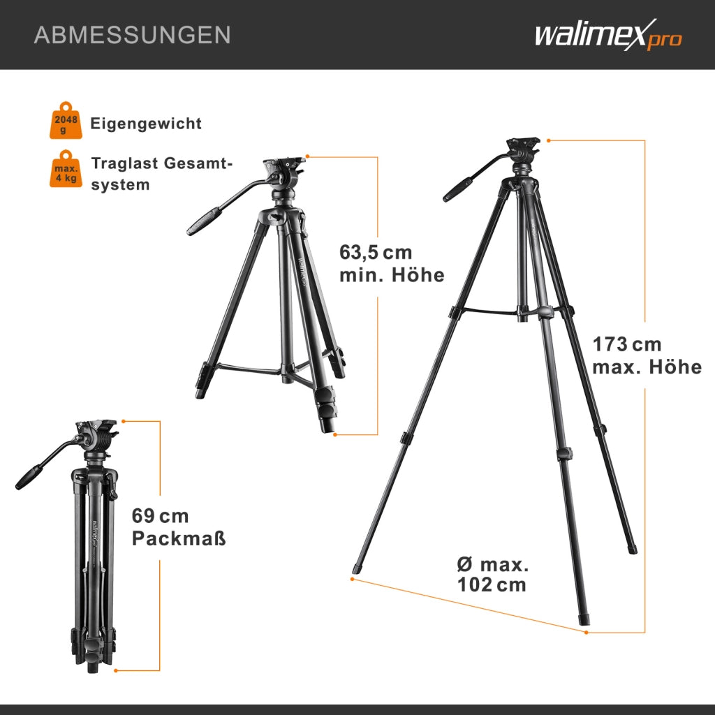 Treppiede video con supporto per smartphone e borsa I Avanzato 173cm, leggero e stabile I Panhead a 2 vie con funzione panoramica a 360° e pan lock I per fotocamere DSLR,