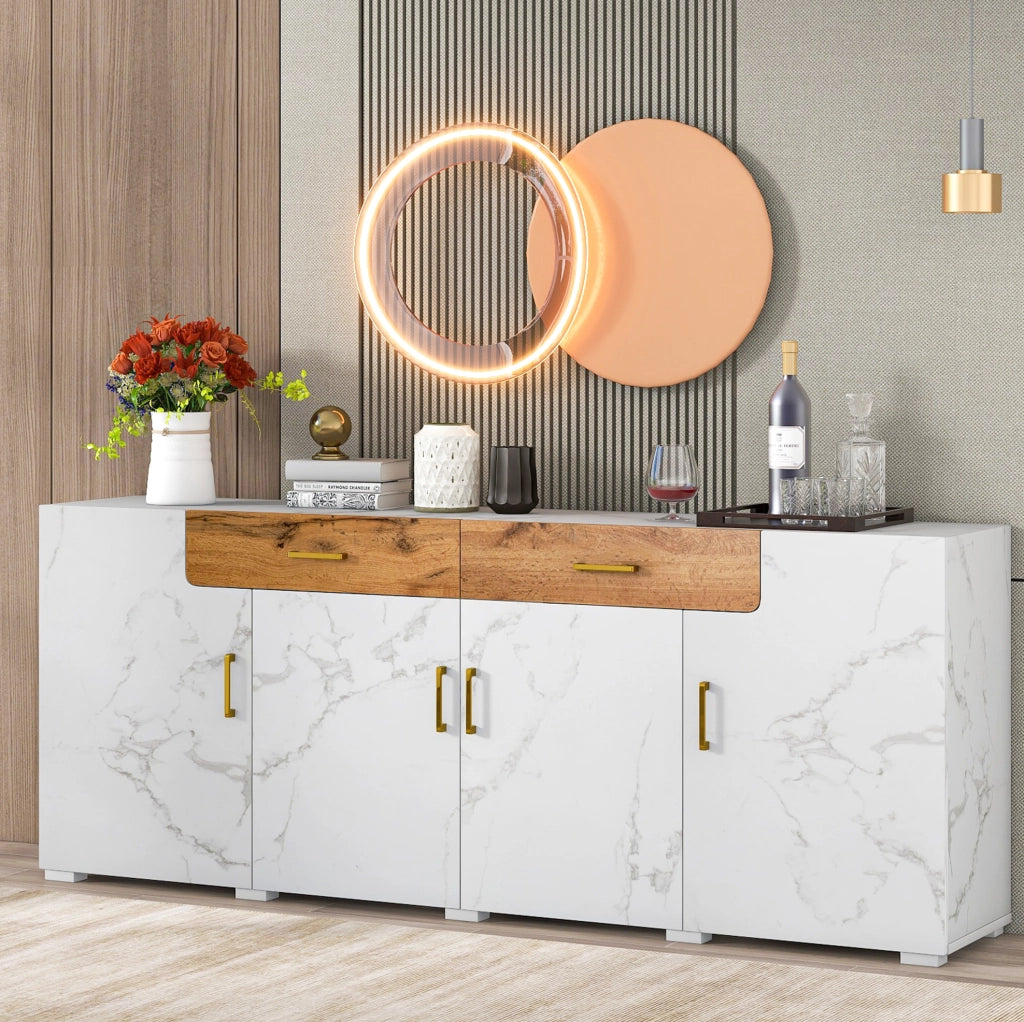 Madia ULEVR 208x39,5x80 cm con 4 ante e 2 cassetti, mobile TV e contenitore bianco e marrone