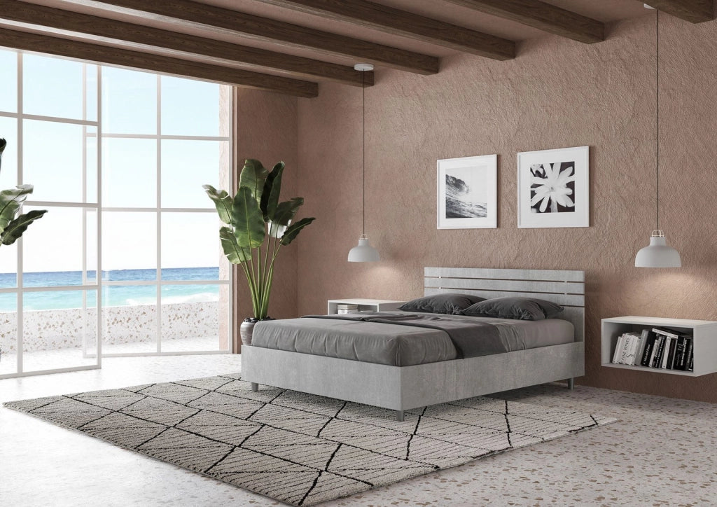 Letto matrimoniale francese contenitore 140x190 testata dritta con doghe cemento Ankel