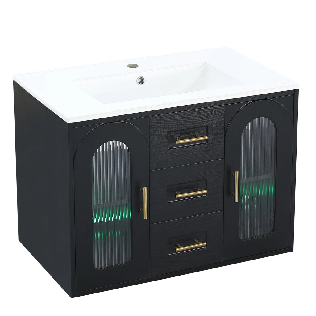 Mobile bagno sospeso con 2 cassetti; 2 vani e LED con lavabo; in MDF e vetro; nero; 76×46×55 cm