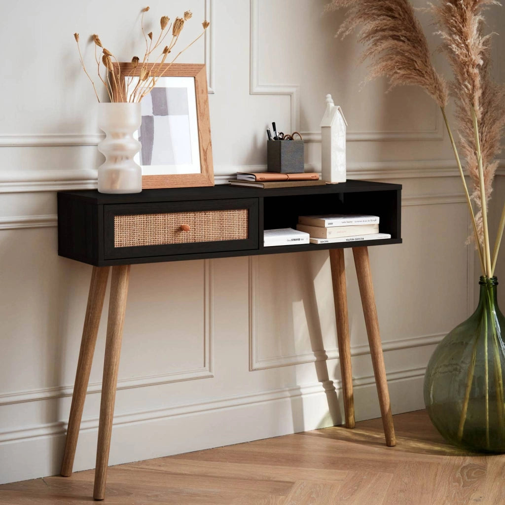 Consolle scandinava con effetto legno e canna, 100cm, nero