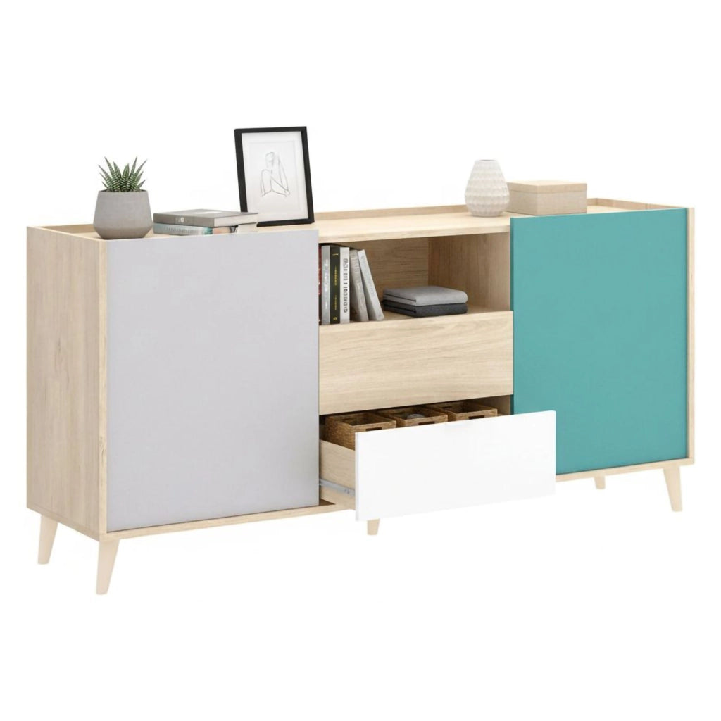 Credenza Asa, Buffet da soggiorno, Madia da salotto moderna a 2 ante, 155x43h75 cm, Bianco e Rovere