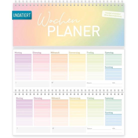 Calendario da ufficio senza data - Organizzatore settimanale 52 settimane - Format standing 26,1 x 10,5 cm - Duraturo - Disegno arcobaleno - Spazio ampio per annotazioni