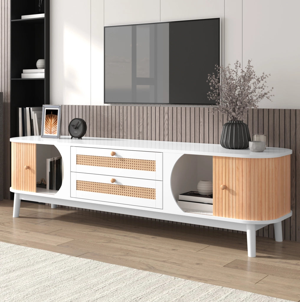 Mobile TV in MDF con ante e cassetti in rattan; 170 x 39;5 x 46 cm; bianco