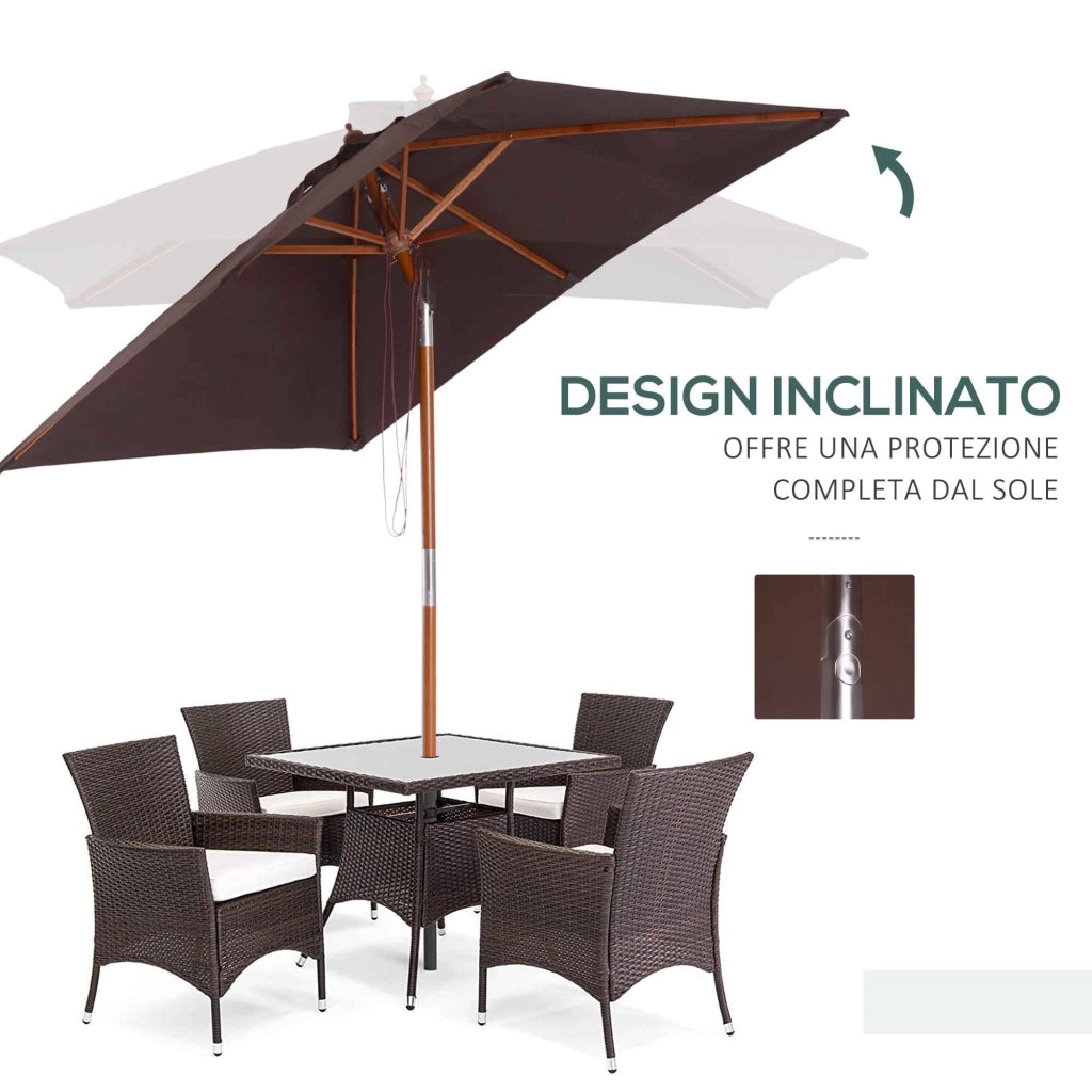 Ombrellone da Giardino Rettangolare Inclinabile 200x150x235H cm Apertura a Corda Caffè
