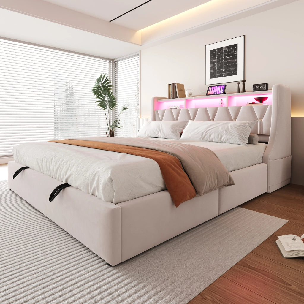 Letto imbottito 180x200 cm con testiera ribaltabile, luci LED, prese USB e Type-C, contenitore idraulico, velluto beige
