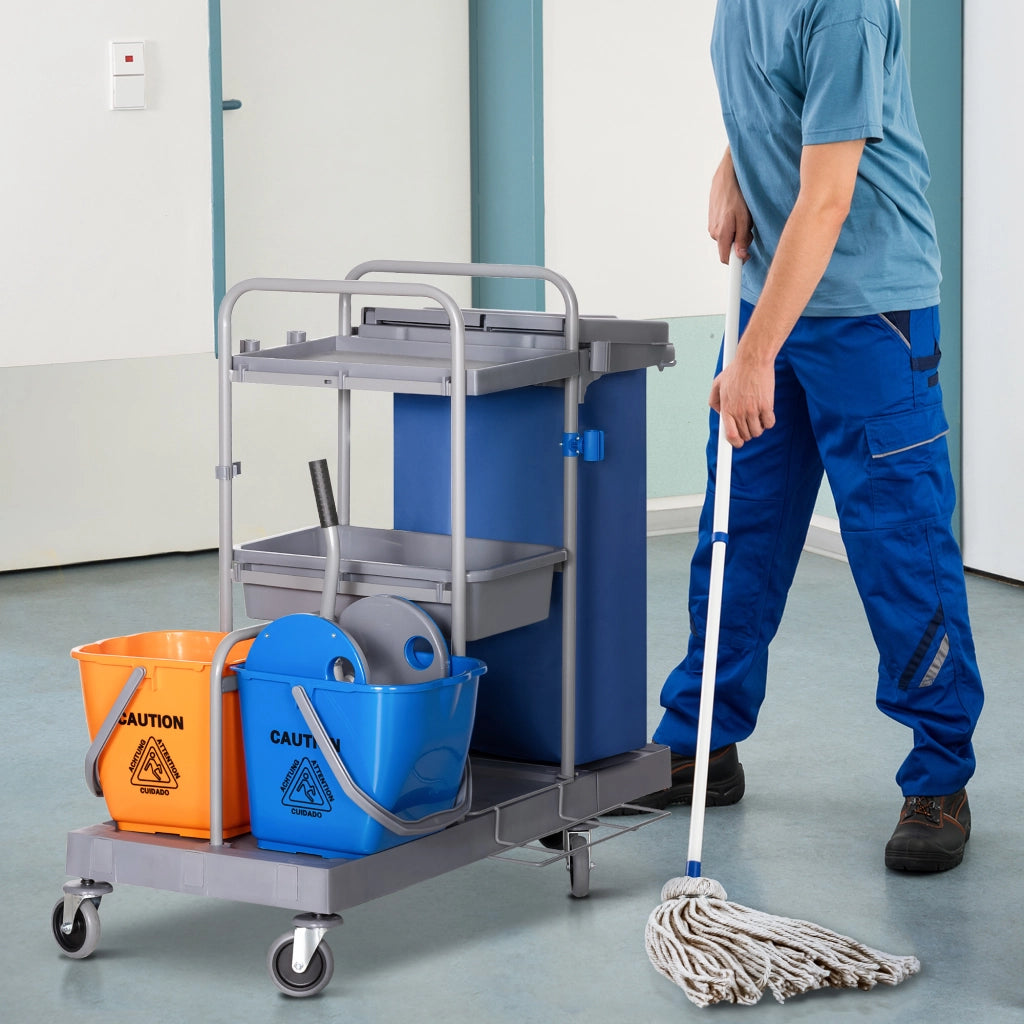 Carrello Pulizie a 3 Ripiani con Sacco per Immondizia e Strizzatore, 111x63.3x103 cm, Grigio Blu e Arancione
