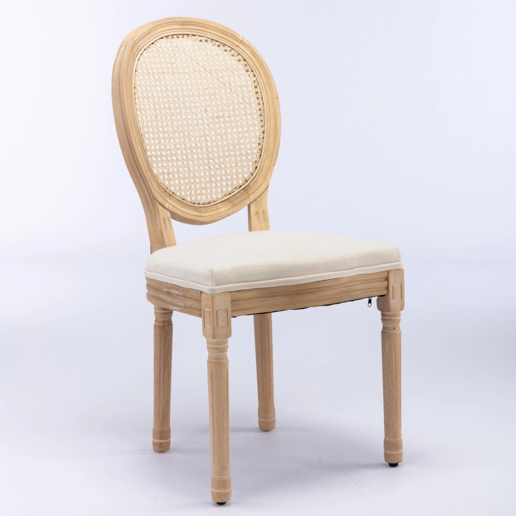 Sedie da Pranzo in Legno Massello e Rattan con Seduta in Lino ¨C MINIMAL ¨C Beige, Set 2 Pezzi