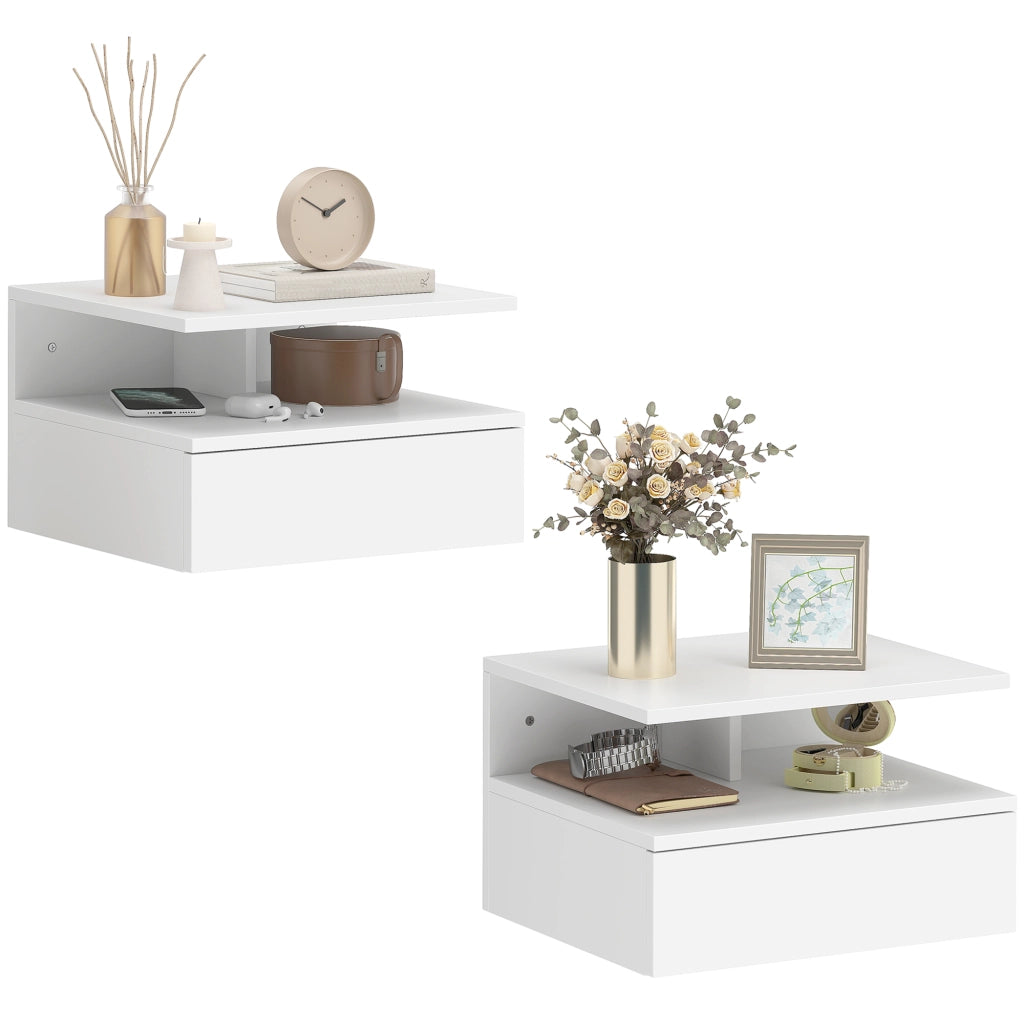 Set di 2 Comodini Sospesi con Cassetto e Mensola Aperta, 35x32x22.5 cm, Bianco