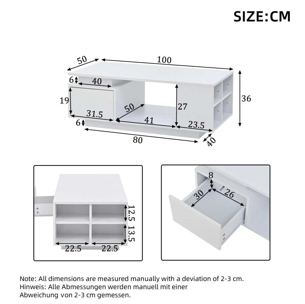 Tavolino da caffè 100x50x36 cm con cassetto; LED e finitura lucida; bianco