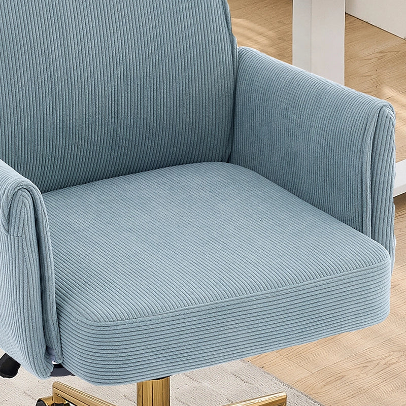 Sedia da ufficio girevole con schienale ergonomico e braccioli, cuscino in memory foam, base in metallo dorato blu