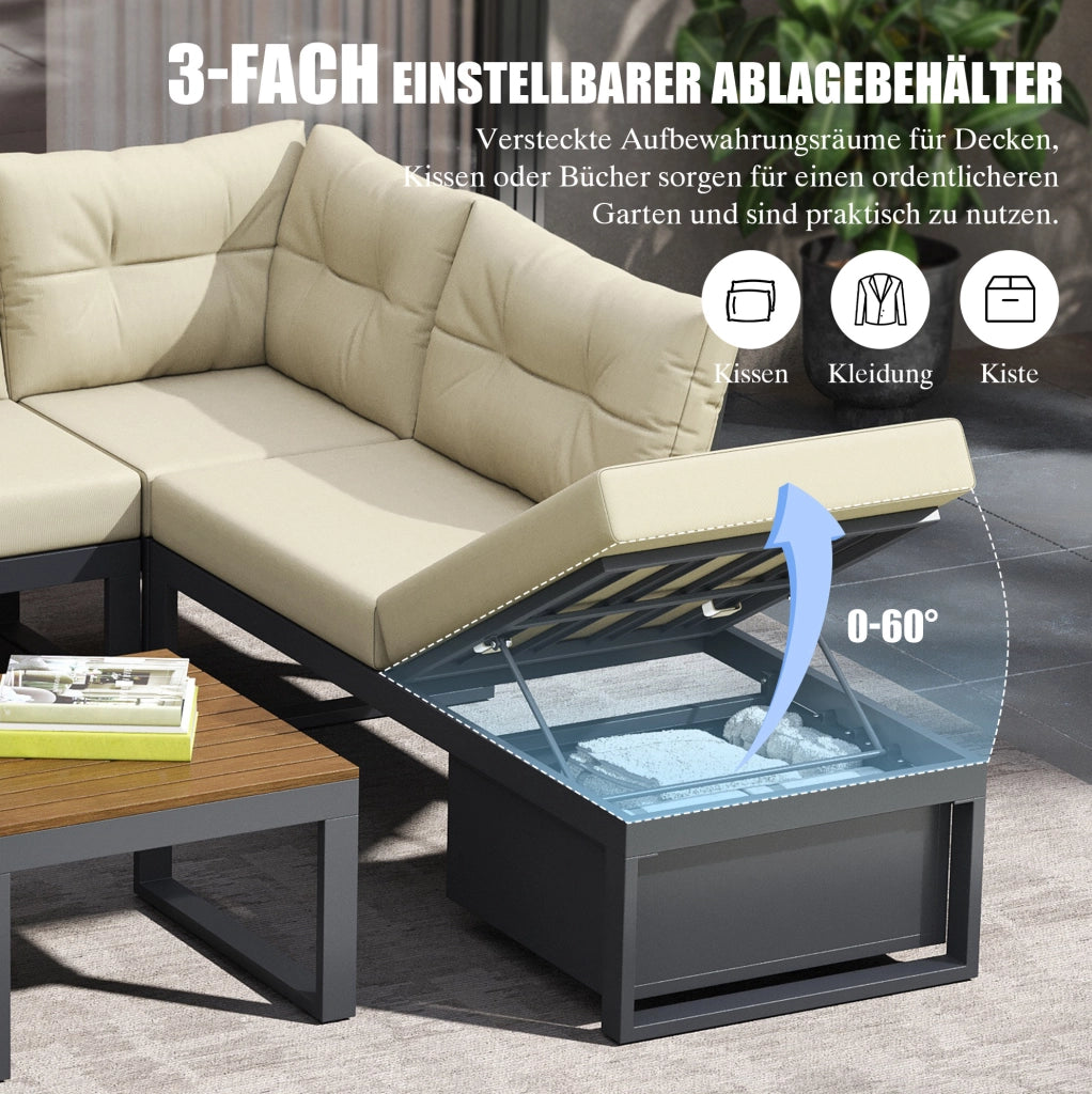 Set divano da giardino modulare beige con contenitore e schienale reclinabile
