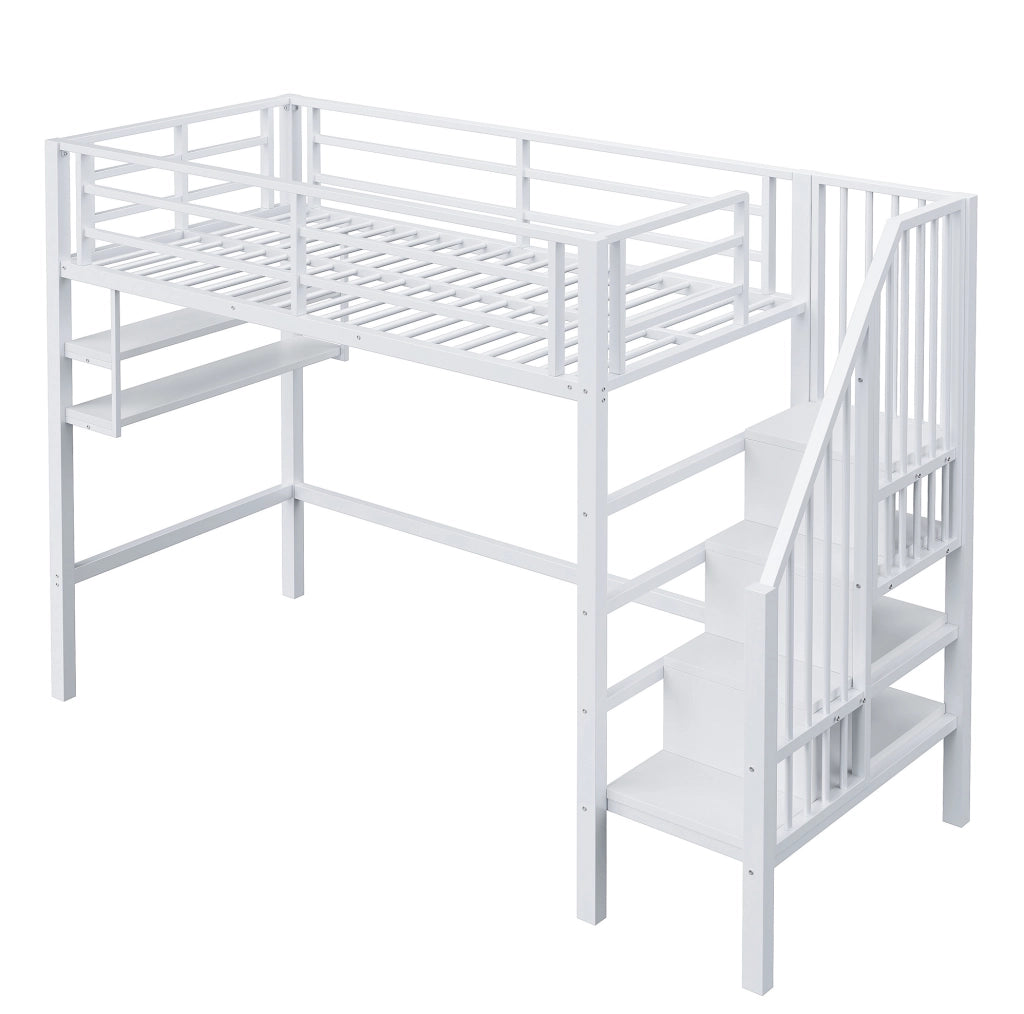 Letto a soppalco 90x200 cm con ripiani; scala contenitore e spazio libero; metallo e MDF bianco
