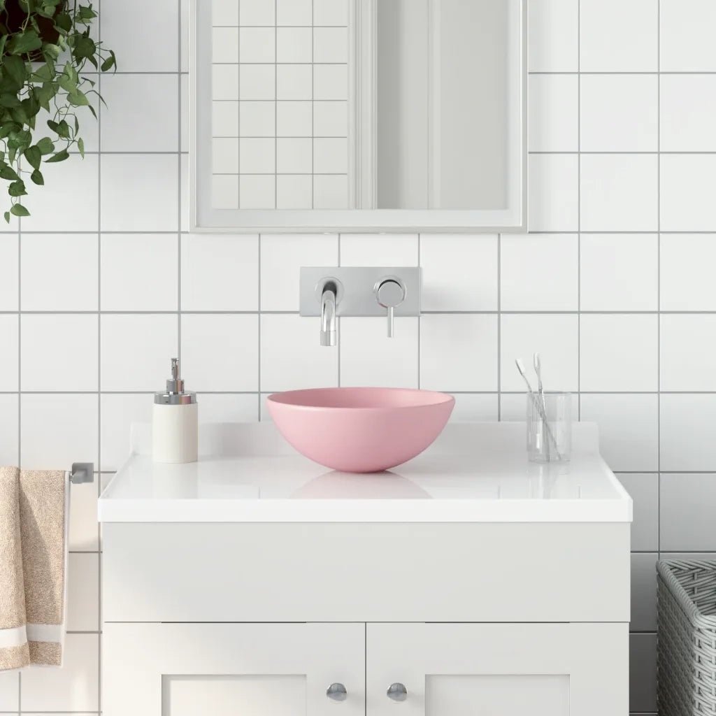 Lavandino da Bagno-Lavabo-Lavello in Ceramica Rosa Opaco Rotondo